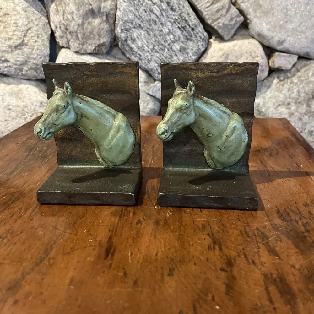 Antique Vtg Rare Horse Head Bookends, Heavy Metal, Nice Green Patina, 4x5x3